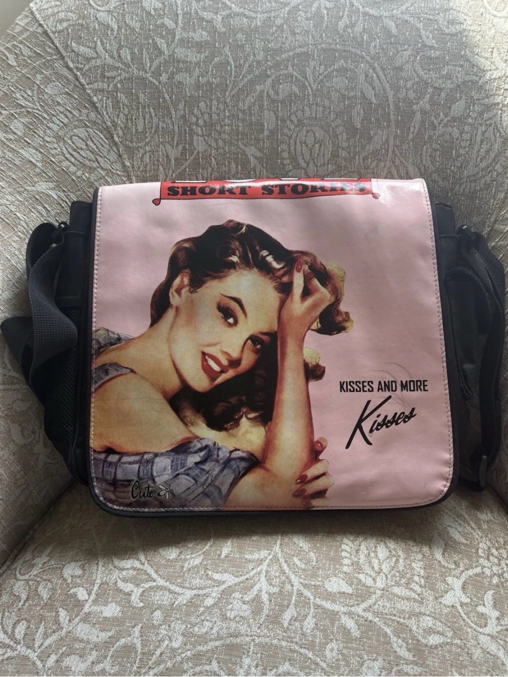 Retro Pink Graphic Crossbody Bag - Kisses Design